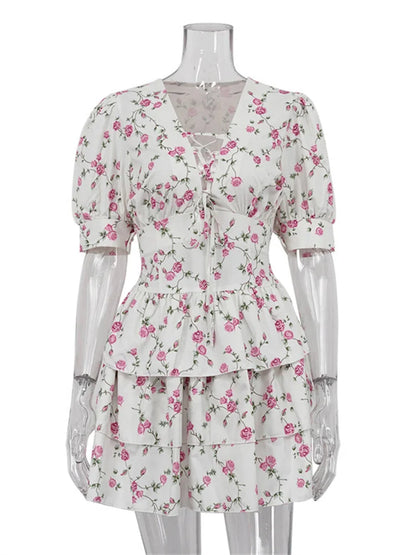 V-neck Printed Bandage Mini Dress for Short Sleeve Slim Summer High Waist Lace-up Dress Party Dress New