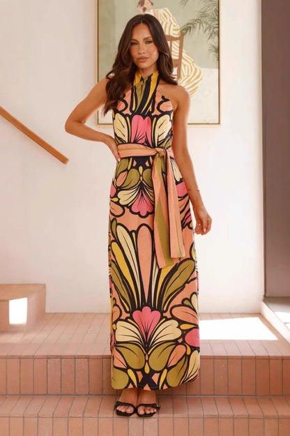 Print Halter Belted Waist Maxi Dress