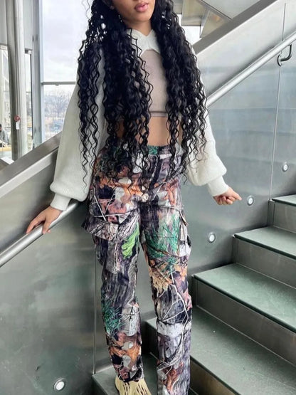 Mid-waist Side Pocket Camo Print Cargo Pants Street Y2k Trousers Print Design Jeans