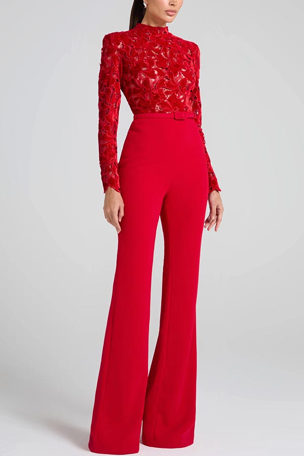 Eleanor Embroidered Lace Long Sleeve Patchwork Belt Flare Jumpsuit