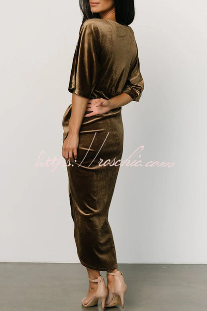 Brendy V Neck Half Sleeve Velvet Pleated Midi Dress