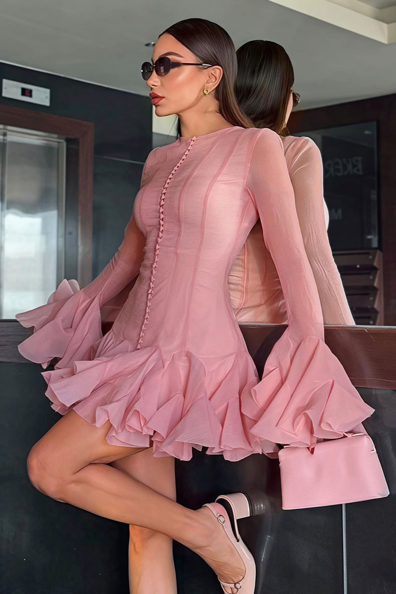Buttoned Ruffled Long Puff Sleeve Mini Dress