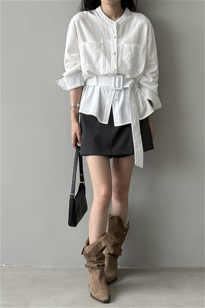 Waist Cinched Belted Long Sleeve Blouse