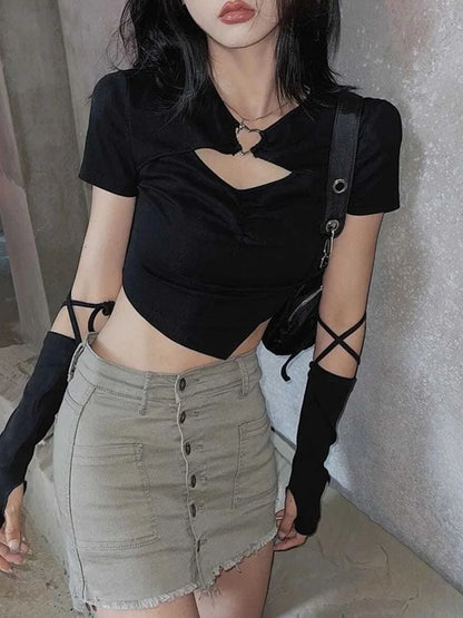 High Street Short Sleeve T-shirt Harajuku Summer Hollow Out Slim Design Ins Korean Style Above Navel Cropped Top All-match