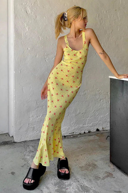 Print Suspender Dress Long Fishtail Maxi Dress