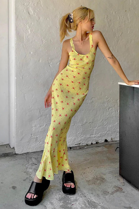 Print Suspender Dress Long Fishtail Maxi Dress