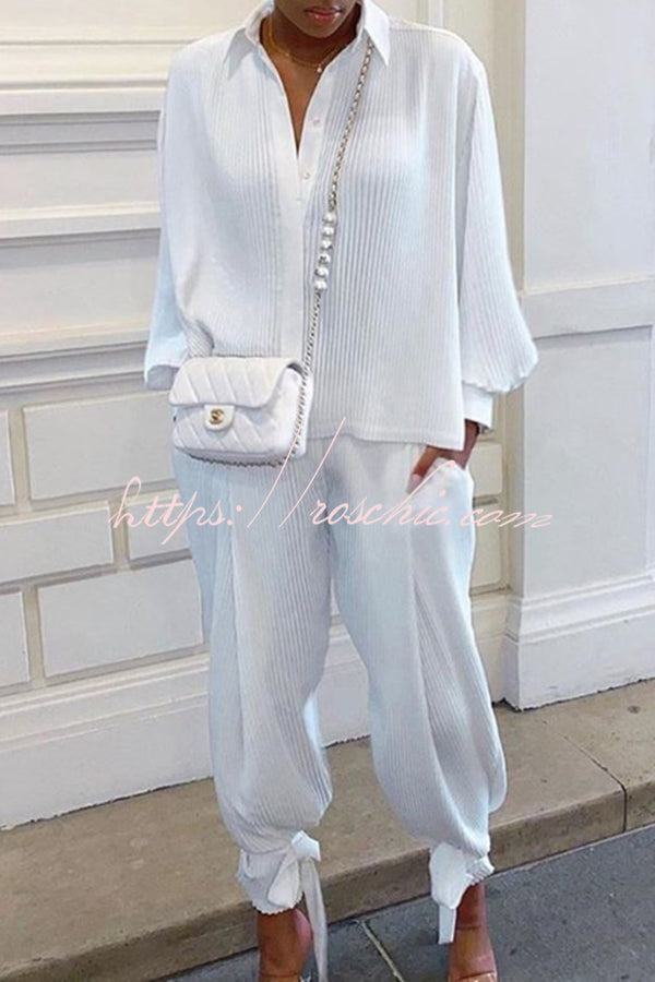 Shirt Collar Stripe Side Pocket Top Pant Set