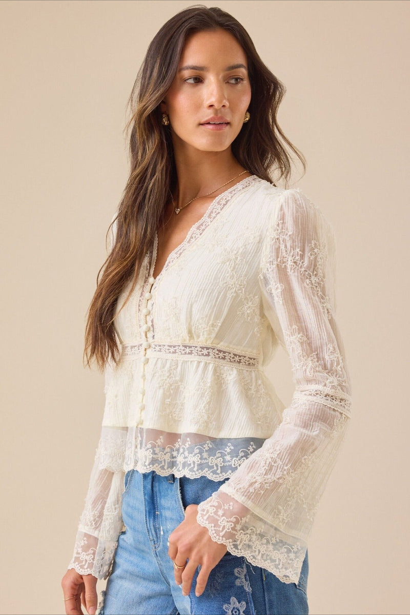 Lace Hollow Out Long Sleeve Blouse