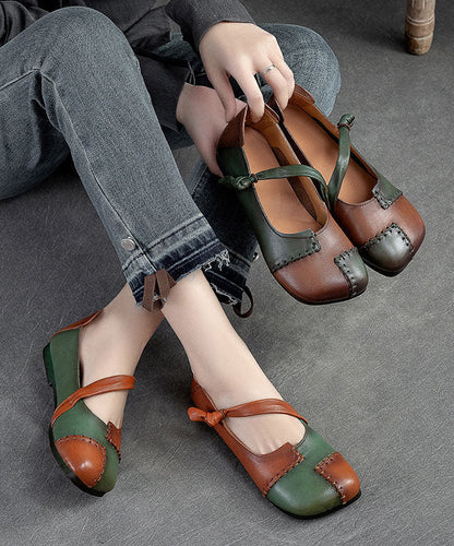 Brown Flats Cowhide Leather Splicing Flat Feet Shoes