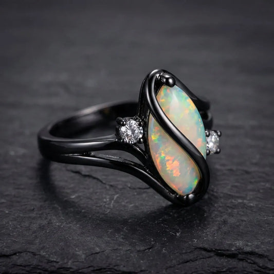 Vintage Black Silver Opal & Crystal Accent Ring