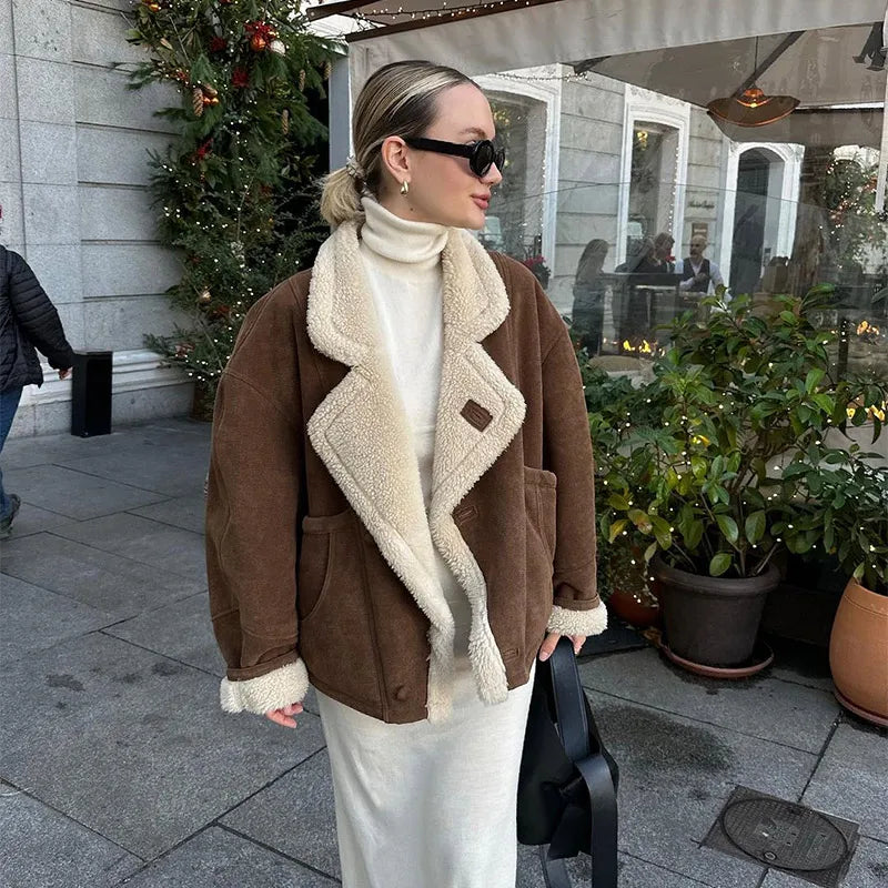 Lamb Woolen Spliced Warm Coat for Side Buttons Lapel Full Sleeve Jackets Lady Autumn Winter Thick Outwear