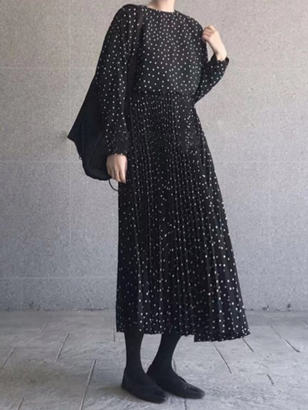 Long Sleeves Loose Elasticity Pleated Polka-dot Split-joint Round-neck Midi Dresses