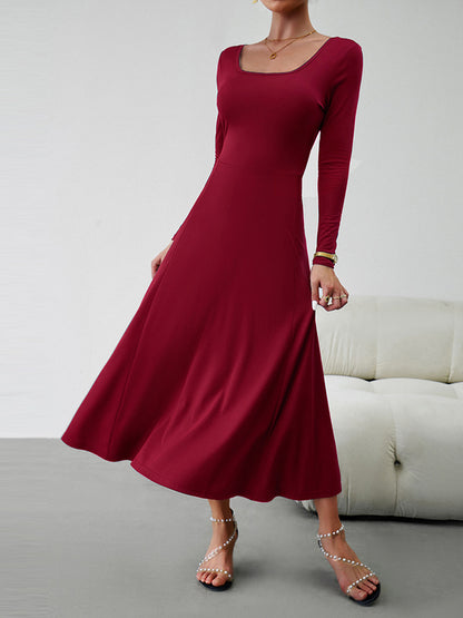 A-line High Waisted Color Tied Waist U-neck Midi Dresses