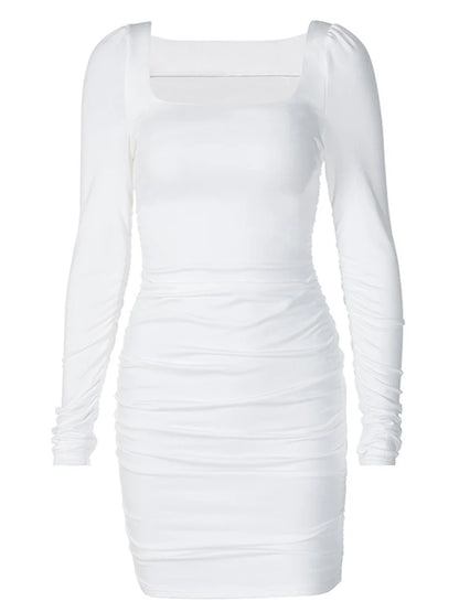 Ruched Long Sleeve Mini Dress Bodycon Party Autumn Winter Club White Clothes