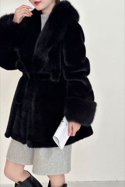 Faux Animal Fur Suede Mid-length Notch Collar Tie Waist Coat