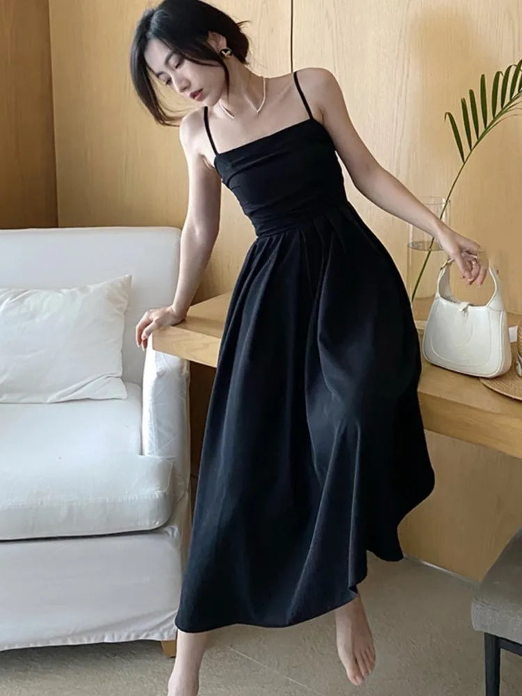 Summer Spaghetti Strap Midi Dress A-line Holiday Beach Style French Korean Slim High Waist Vestido