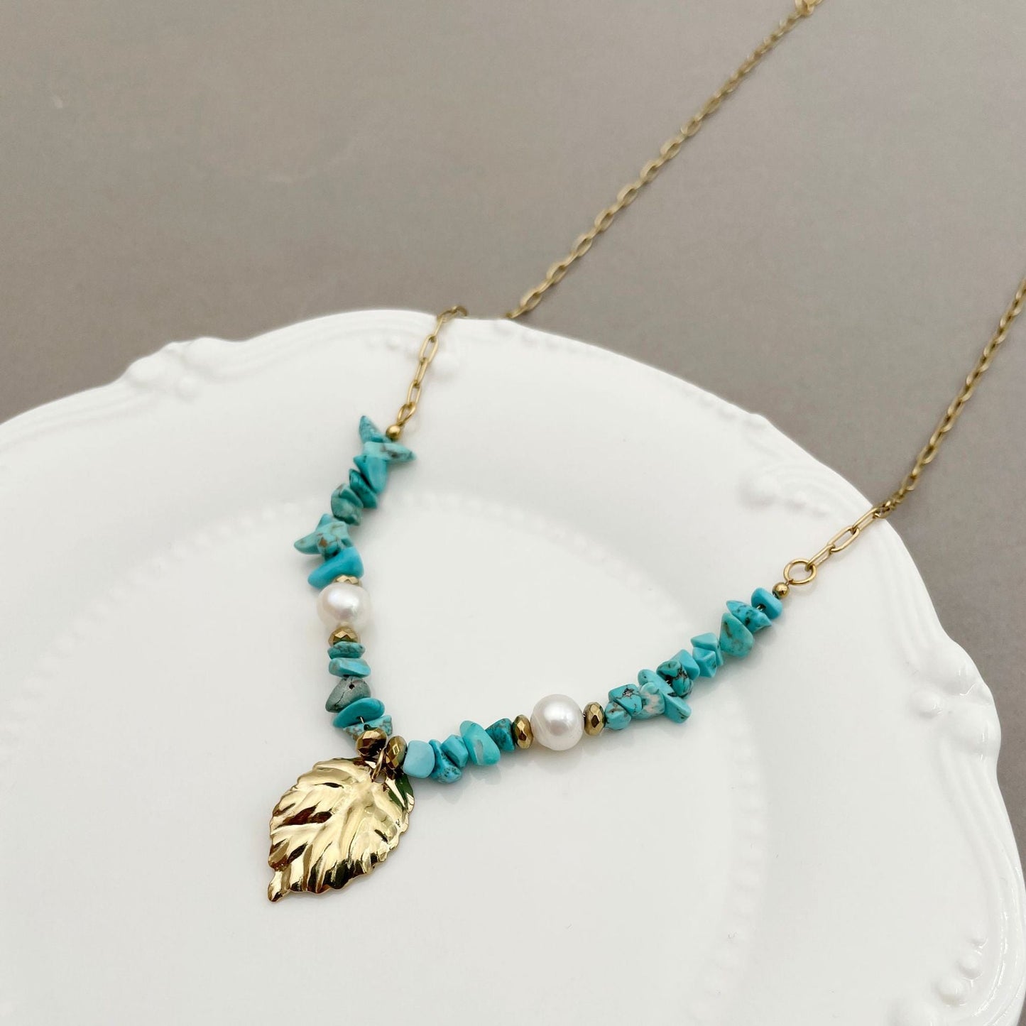 Turquoise Pearl Leaf Necklace