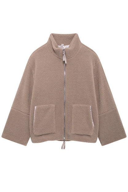 Color Stitching High Collar Long Sleeve Loose Pocket Woolen Coat