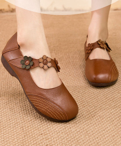 Buckle Strap Flat Shoes for Apricot Cowhide Leather