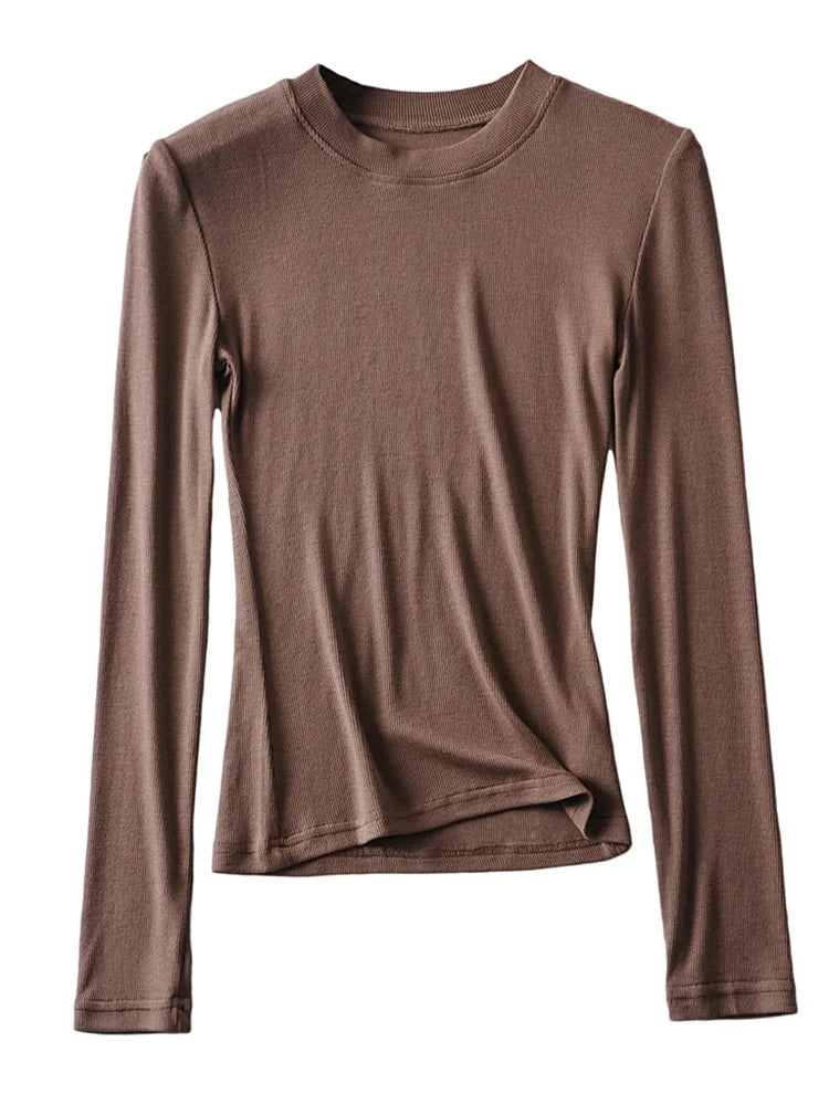 Clothing Cotton Kintted Tops Slim Elastic O-neck Full-sleeve T-shirt