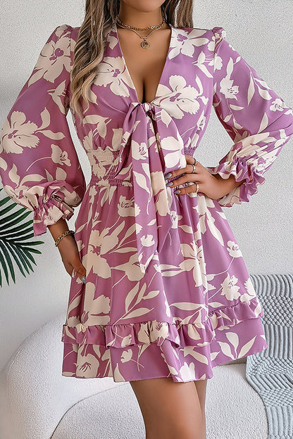 Print V-neck Lace-up Long-sleeve Elastic Waist Mini Dress