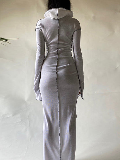 Long Sleeves Color Split-joint Hooded Maxi Dresses
