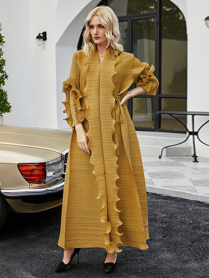 Original Loose Long Sleeves Tied Pleated Falbala Color V-neck Maxi Dresses