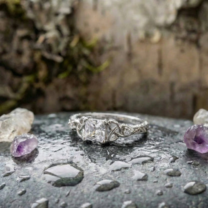 Silver Center Square Gem Knot Design Ring
