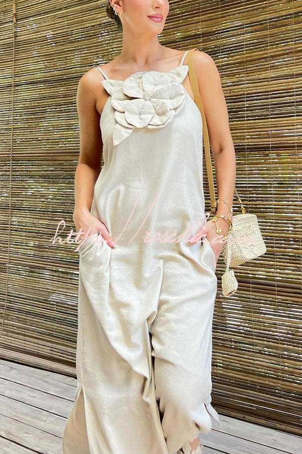 Vacay Ready Linen Blend Embellishment Pocketed Slit Maxi Dress
