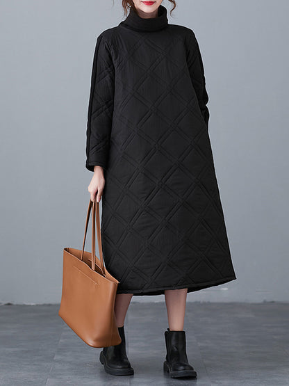 A-line Long Sleeves Color High-neck Midi Dresses