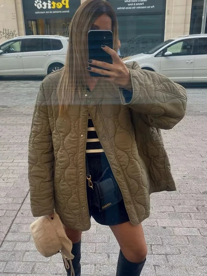 Quilted Jackets Spring Autumn O-neck Single Breasted Pocket Coats Female Long Sleeve Lady Outerwear