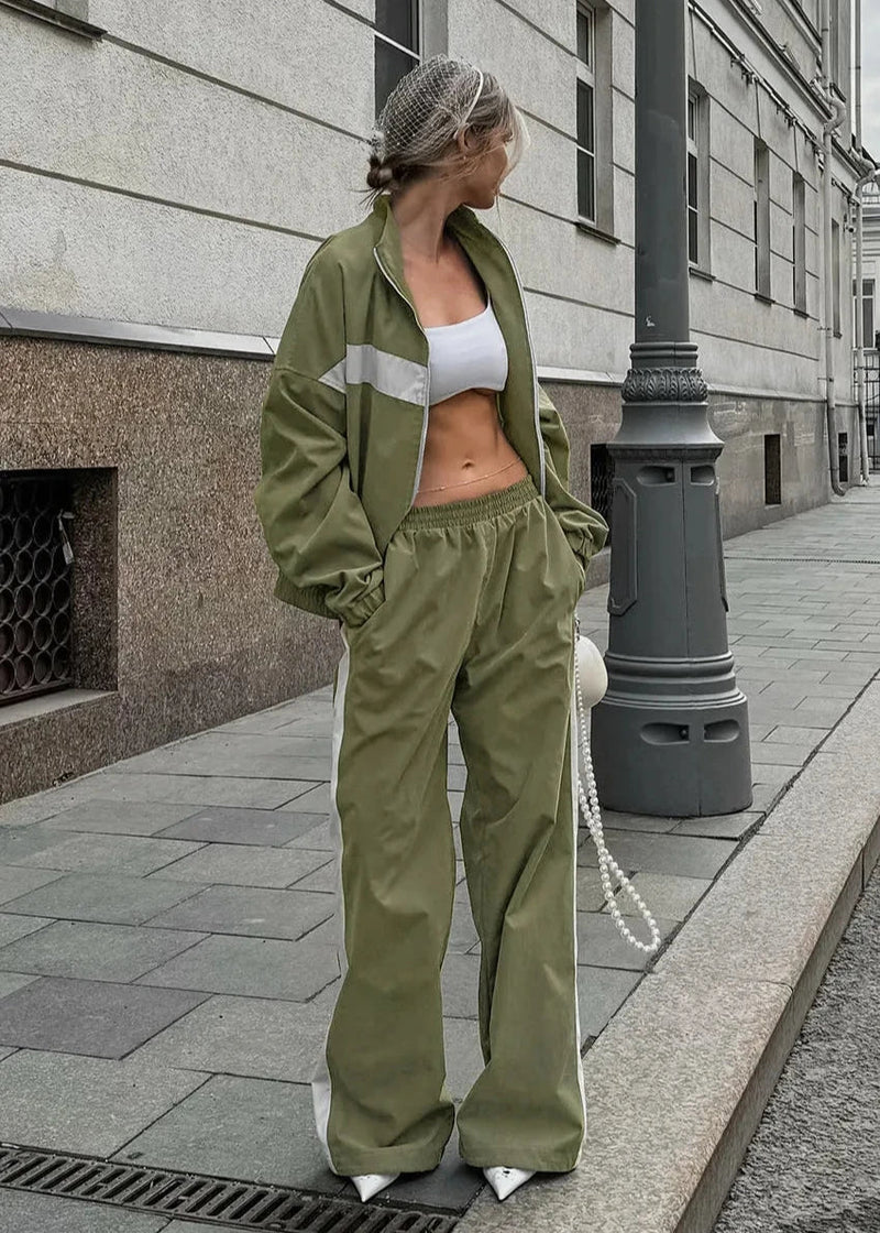 Urban Edge - Contrast Zip-up Jacket and Wide-leg Pants Set