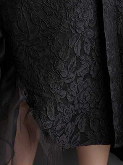 Batwing Sleeves Loose Asymmetric Flower Shape Gauze Jacquard Pleated Color Split-joint Round-neck Midi Dresses