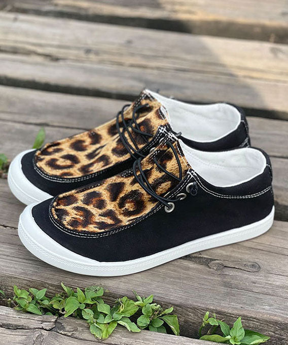 Black Leopard Print Flat Feet Shoes Splicing Lace Up Flat Feet Shoes
