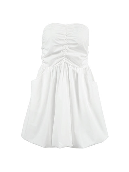 A-line High Waisted Elasticity Pleated Pockets Color Tube Mini Dresses