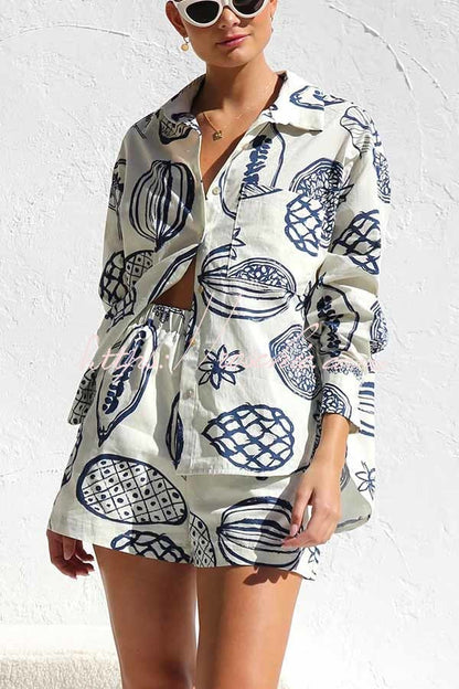 Parkside Tropical Fruit Print Loose Shirt and Elastic Waist Pocketed Shorts Set