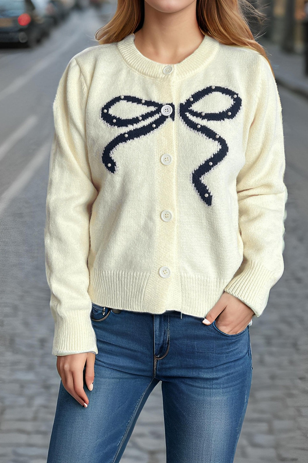 Bow Jacquard Round Cardigan