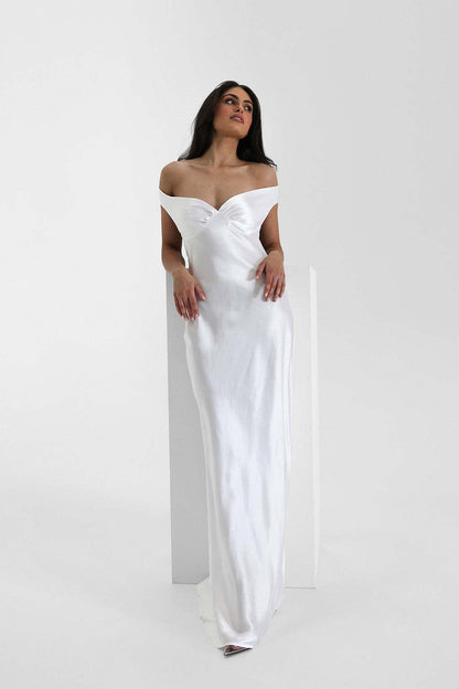 Satin Mermaid Off Shoulder Maxi Dress