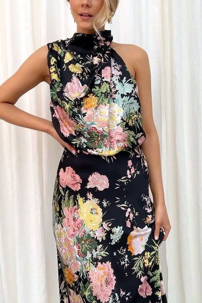 Wine Country Dates Halter Neck Elastic Waist Party Midi Dress