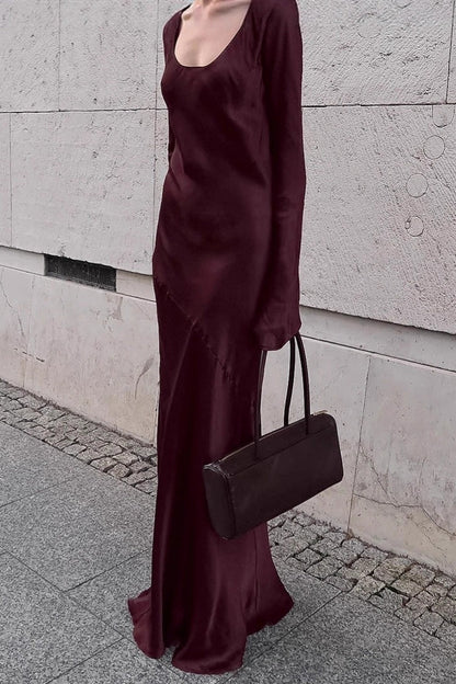 Mermaid U-neck Satin Color Maxi Dress