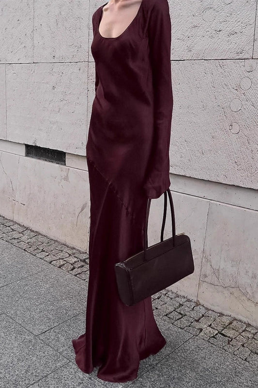 Mermaid U-neck Satin Color Maxi Dress