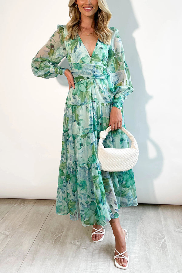 Olena Abstract Balloon Sleeves Maxi Dress (the Back Is Stretchy)