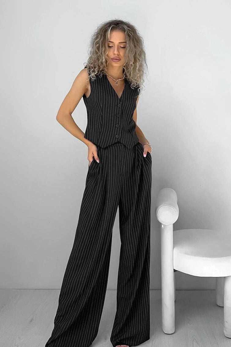 Brown Striped Two Piece Vest Pants Set