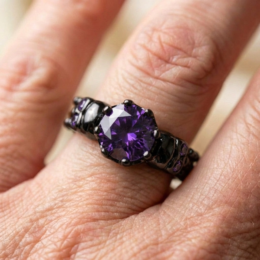 Vintage Black Round Purple Gemstone & Intricate Design Ring