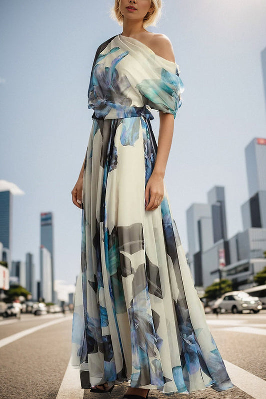 Unique Printed Short-sleeved One-shoulder Maxi Dress