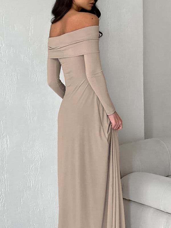 High Waisted Long Sleeves Color Off-the-shoulder Maxi Dresses