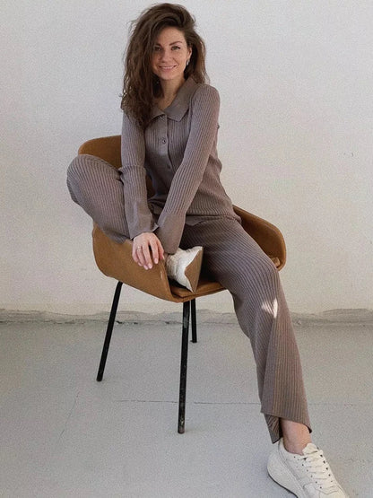 Ol Homewear Leisure Knitted Suit Autumn Long Sleeve Shirts and Wide Legs Pants Suit Two Piece Sets Outfits