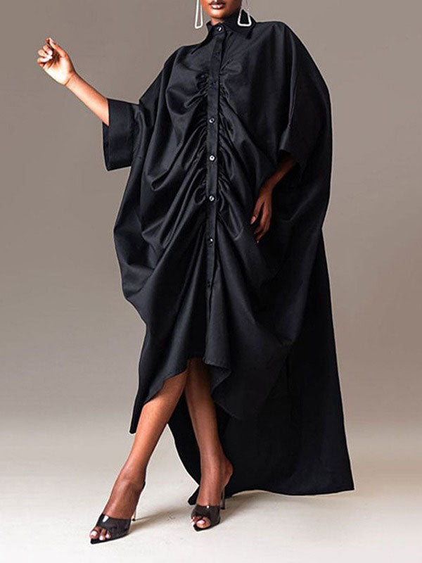 Long Sleeves Loose Buttoned Pleated Color Lapel Maxi Dresses Shirt Dress