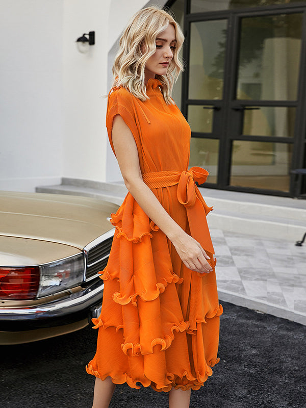 Loose Bandage Lacy Color High-neck Midi Dresses