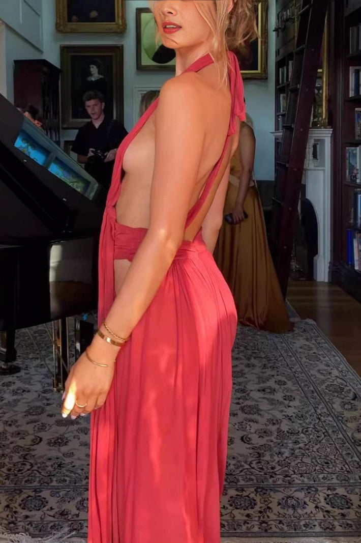 French Backless Halter V-neck Maxi Dress